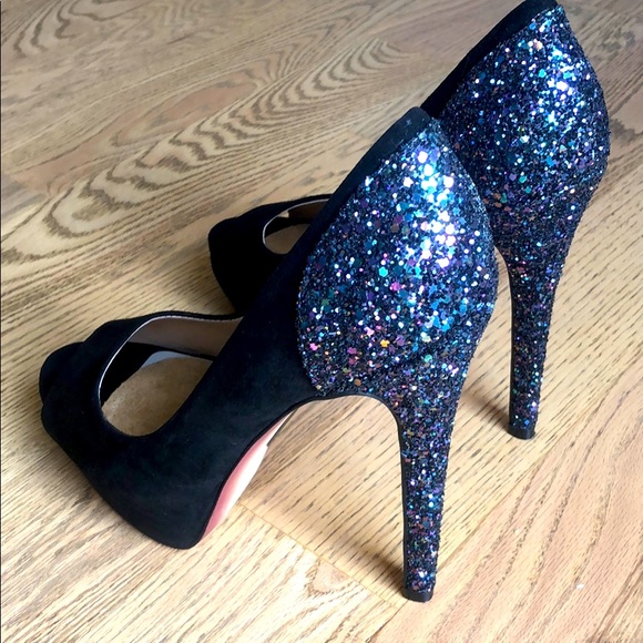 Black suede sparkle Christmas peeptoe platform women high heel stiletto dress - Picture 7 of 11